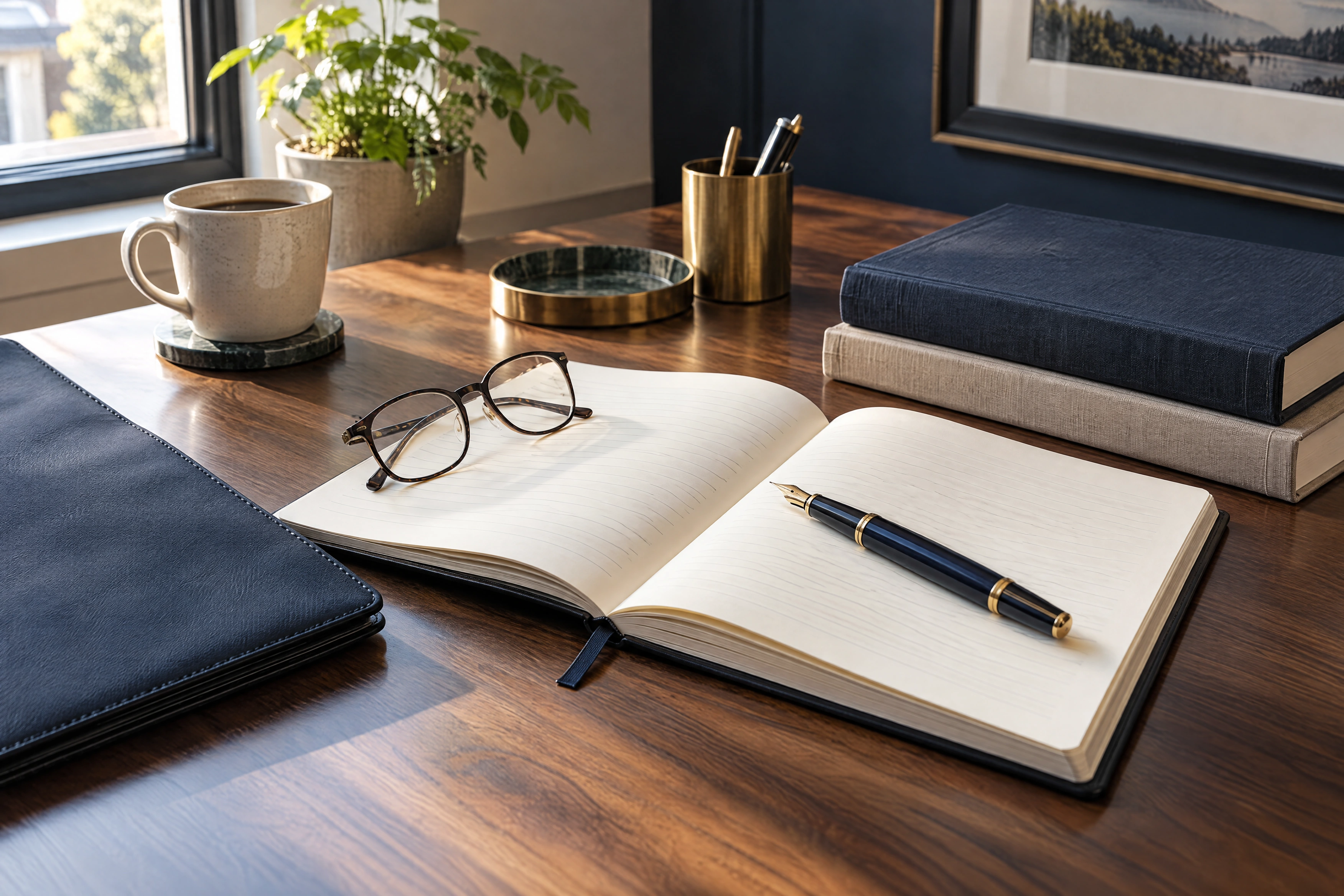 Editorial illustration of an open notebook, pen, reading glasses, and navy folio on a walnut desk